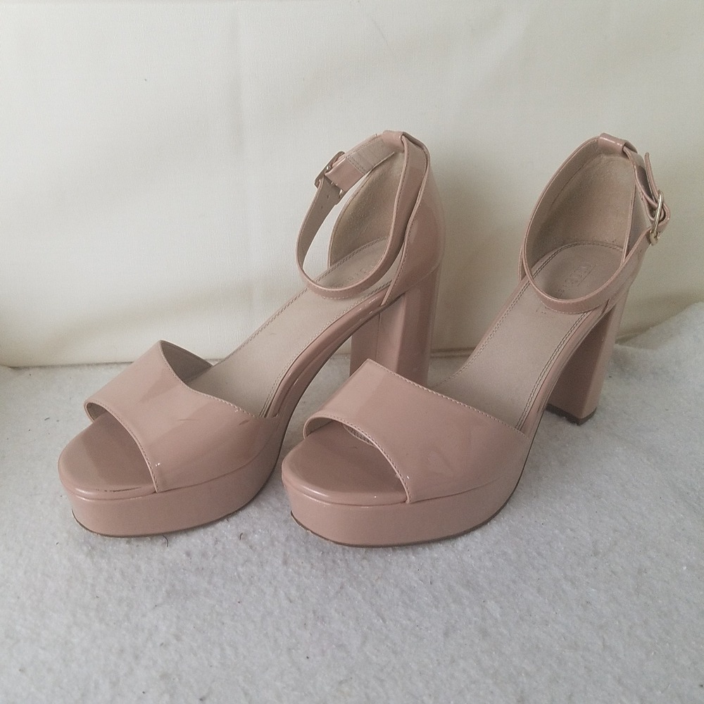 Asos Nude Patent Platform Chunky Heel Ankle Strap Sandals‎ Women's 9